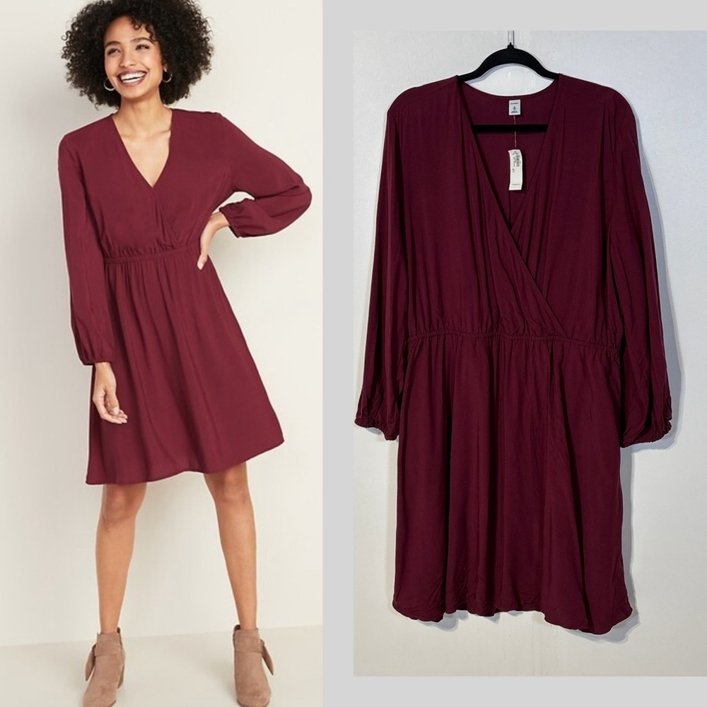 Old Navy Waist-Defined Wrap-Front Dress Women’s Size XL Red Long Sleeve NWT